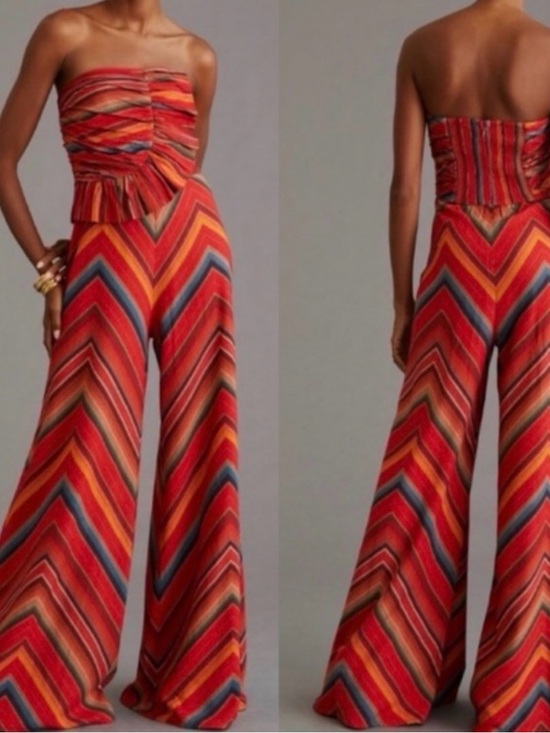 By Anthropologie Pants - Strapless Chevron Wide-Leg Jumpsuit in Red and Orange